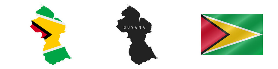 Guyana. Detailed flag map. Detailed silhouette. Waving flag. Vector illustration