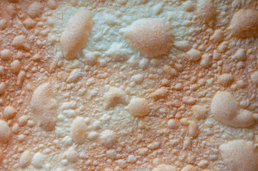 The texture of a golden crispy baked dough made of flour and butter. Bubbles on the surface like the relief of a landscape. Top view, backdrop.