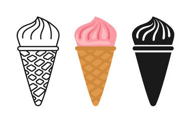 Strawberry ice cream cartoon set, line icon and black glyph style. Kawaii bright summer collection sweet food. Comic hand drawn sketch cute spiral Ice cream. Isolated dessert vector illustration