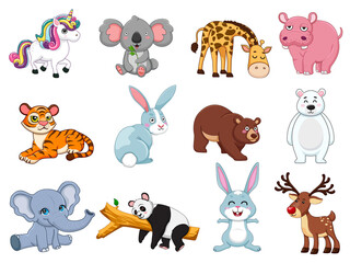 Obraz na płótnie Canvas Cute animals collection. animal isolates in cartoon flat style. white background. Vector illustration design template