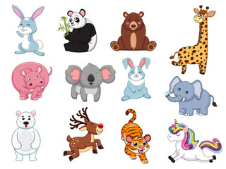 Obraz na płótnie Canvas Cute animals collection. animal isolates in cartoon flat style. white background. Vector illustration design template