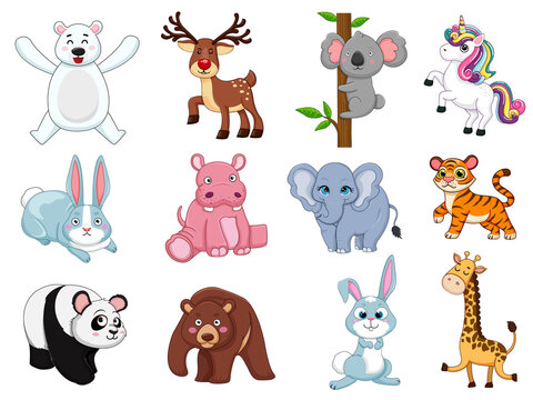 Cute animals collection. animal isolates in cartoon flat style. white background. Vector illustration design template