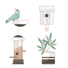 Pet shop supplies with parrot on white background