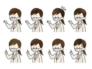 マスクをしている女性医師の表情セット-水彩