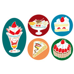 喫茶店のデザートイラストセット パフェ・プリンアラモード・ケーキ・クレープ・タルト