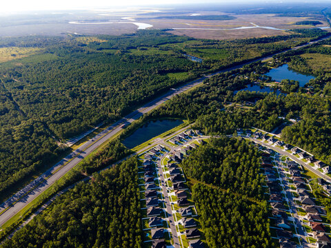 Aerial view of houses in Yulee Florida and I-95 interstate. 
