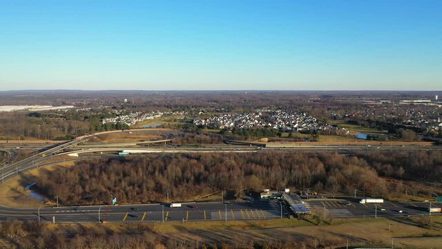 Aerial Pull Back Shot of Exit 8a at the New Jersey Turnpike.