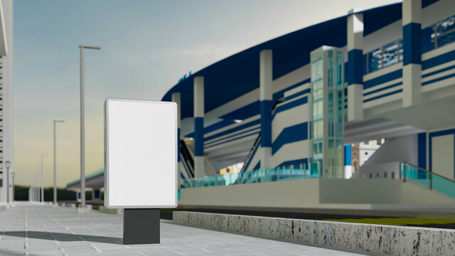 3D Mock Up Blank Signboard On Metal Stand In Stadium Area