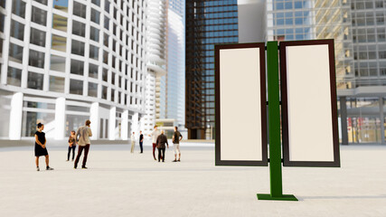 Obraz premium 3D mock up blank advertisement flag banner on stand in downtown