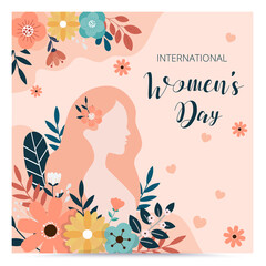 International women's day background. Sale banner template. Vector illustration. Girl with flloral.