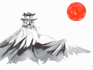 Japan traditional sumi-e painting. Fuji mountain, sakura, sunset. Japan sun. Indian ink vector illustration. Japanese picture.