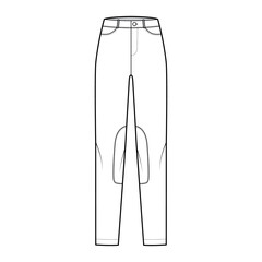 Set of Jeans Kentucky Jodhpurs Denim pants technical fashion illustration with low waist, rise, pockets, belt loops, full lengths. Flat bottom apparel front, white color style. Women, men CAD mockup