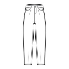 Slouchy Jeans Denim pants technical fashion illustration with full length, low waist, rise, 5 pockets, Rivets, oversized. Flat bottom template front white, color style. Women, men, unisex CAD mockup