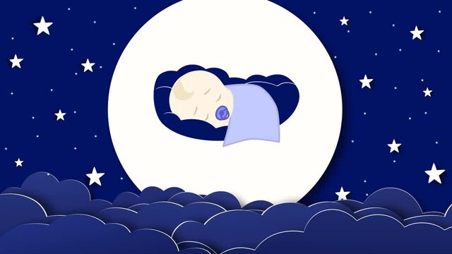 2d animation of a baby boy sleeping in blue colors. Moon, clouds and stars in the dark sky