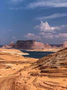 vista view of desert lake sunny summer day in lake Powell on the border of arizona and Utah