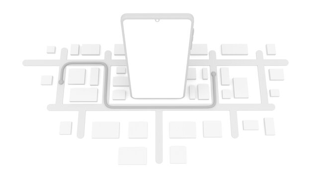 Tel&eacute;fono inteligente rodeado de mapa 3D, aplicaci&oacute;n de entrega a domicilio, fondo blanco  