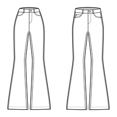 Set of Jeans flared bottom Denim pants technical fashion illustration with full length, normal low waist, high rise, 5 pockets, Rivets. Flat template front, white color. Women, men, unisex CAD mockup