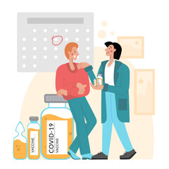 Prevention injection, immunization. Coronavirus infection treatment. The doctor talks about the importance of vaccination. Vaccination.