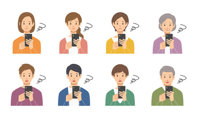 困った顔でスマホを見る老若男女