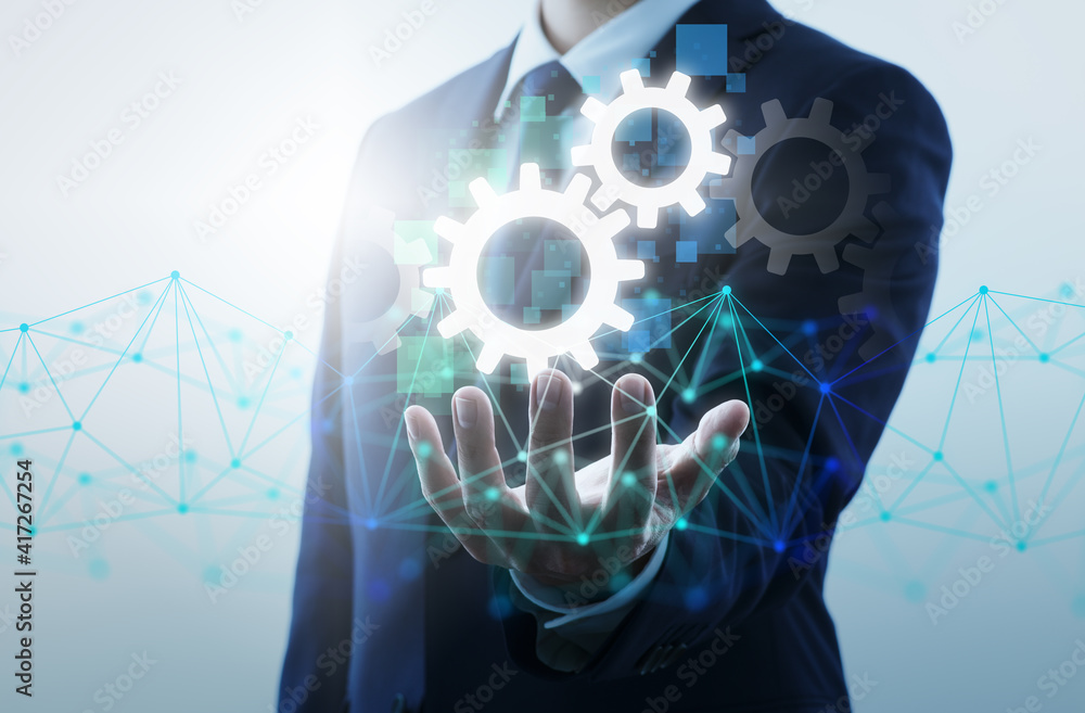 Aufkleber Automation of business processes by network technology. Businessperson, gears icon and network structure.