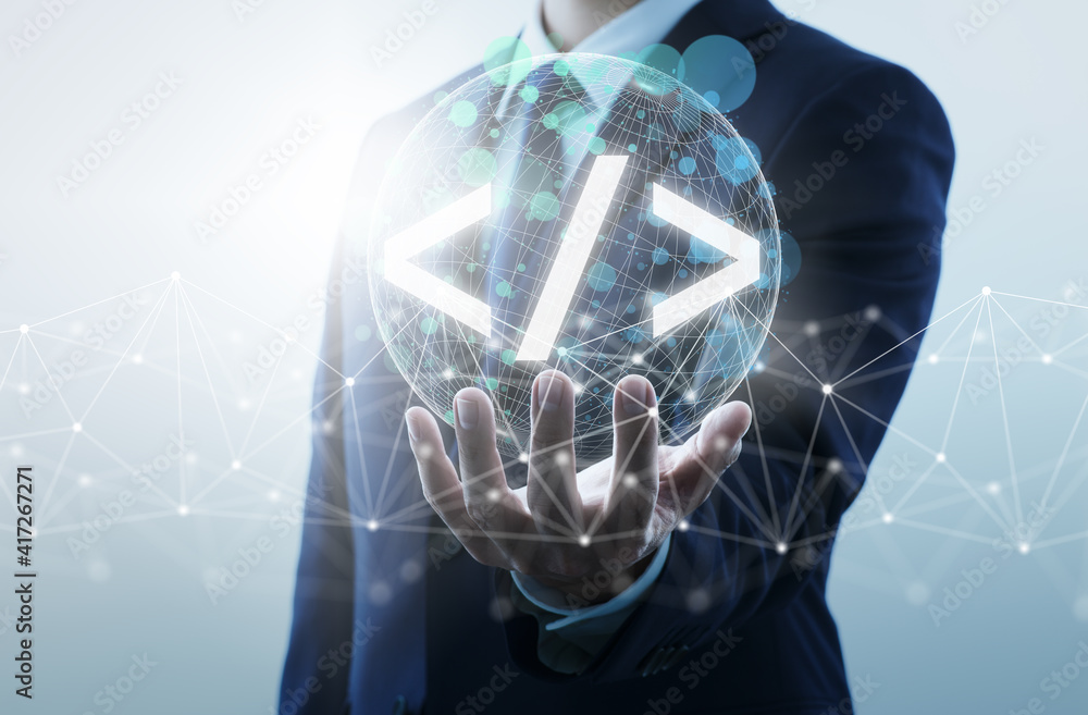 Poster Web development and business innovation. Businessperson holding network structure and web development code icon.