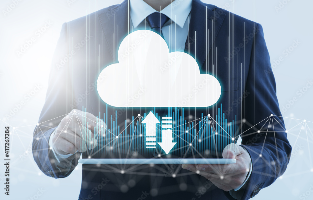 Poster Cloud computing and internet. Business person using tablet computer. Network structure and cloud icon.
