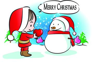 vector cartoon Christmas kids giving love to snowman