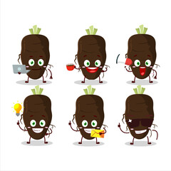 Black salsify cartoon character with various types of business emoticons