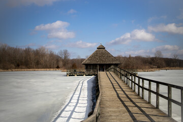 Early spring day at the marsh with the lake and ponds still frozen over, plant life coming alive.