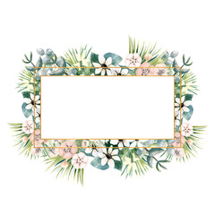 Rectangular gold frame with small flowers of actinidia, bouvardia, tropical and palm leaves. Wedding bouquet in a frame for the design of a stylish invitation. Watercolour illustration.