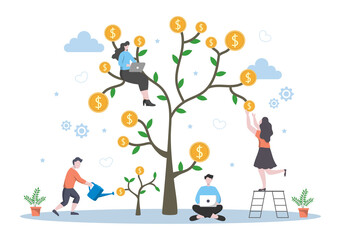 Money Tree Investments Flat Illustration for Banner Business Solution, Web Page Analysis of Sales, Statistic Grow Data, Accounting, Innovative Ideas, and Cash Profits