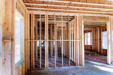 Framing beam of new house under construction home framing - obrazy, fototapety, plakaty