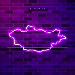 Mongolia map glowing neon lamp sign. Realistic vector illustration. Country name plate. Purple brick wall, violet glow, metal holders.