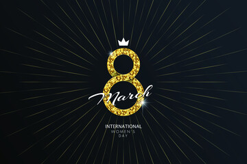 8 March International women's day greeting card - shining glitter gold ribbon in the shape of sign eight. Vector illustration