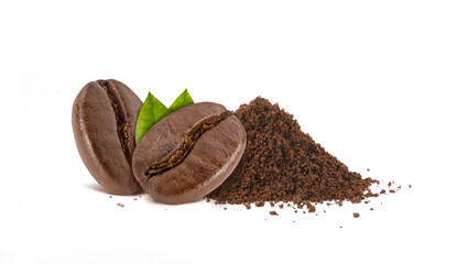 Roasted coffee beans with coffee powder studio shot isolated on white background, Healthy products by organic natural ingredients concept