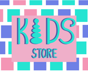 kids store logo vector . pink violet square background  . handwritten font . blank for business in the style of doodle  art line.