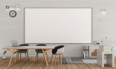 Classroom interior with big table set for discussion, 3D rendering  