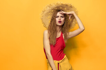 Woman in straw hat bright makeup summer lifestyle fun yellow background