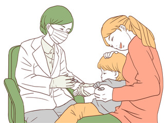 女性医師から予防接種を受ける子ども（シンプルカラーバージョン）