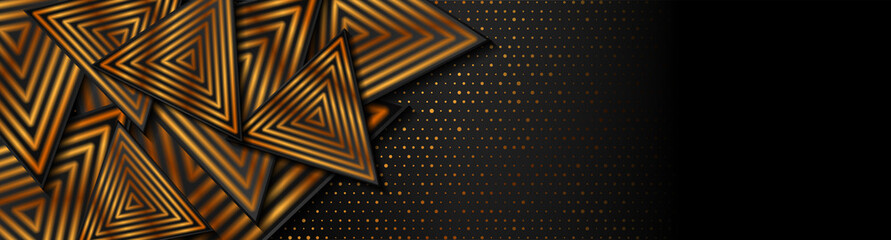 Abstract tech background with black and golden triangles. Vector geometric banner design