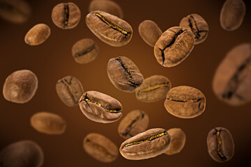 Coffee beans close-up fly on a brown background. Coffee beans levitation