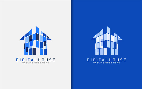 Creative Digital Blue House Logo Design. Usable for Business Brand, Tech and Company. Vector Logo Illustration.