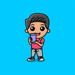 Cute boy holding a book in his hand cartoon illustration