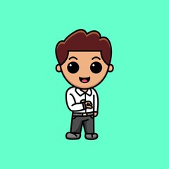 Cute businessman look at his watch to check the time cartoon illustration