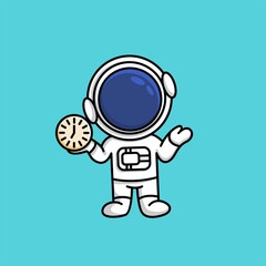 Cute astronaut holding clock in his hands cartoon illustration