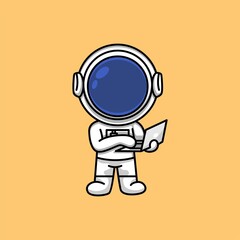 Cute astronaut working on laptop cartoon illustration