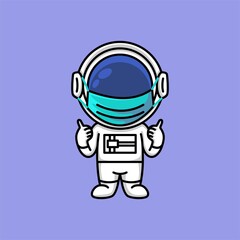 Cute astronaut wearing medical face mask and showing thumbs up sign cartoon illustration
