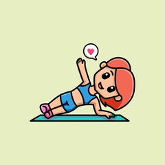 Cute girl doing sports lying on mat cartoon illustration