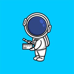 Cute astronaut holding up a clapboard movie film cartoon illustration