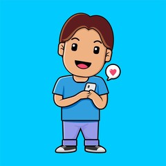 Cute boy using mobile dating application cartoon illustration